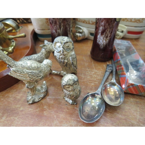 457 - Mixed lot to include boxed 7 piece hip flask. White metal figures, gilt circular mirror etc. see pho... 