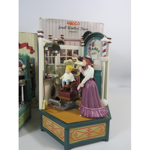 139 - Two Enesco Small World of Music shops and a Cherised teddies musical figurine, all with boxes.