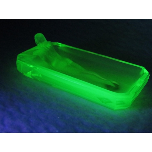 166 - Desna Uranium glass small art deco style trinket dish nude lady bathing. 3.5