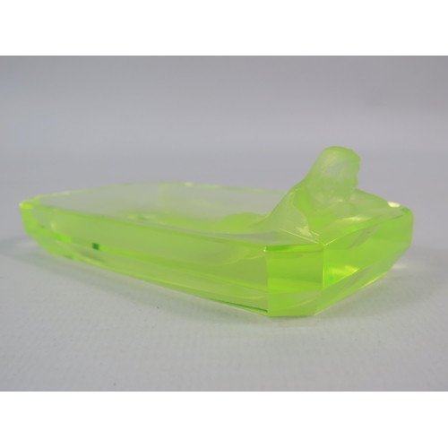 166 - Desna Uranium glass small art deco style trinket dish nude lady bathing. 3.5