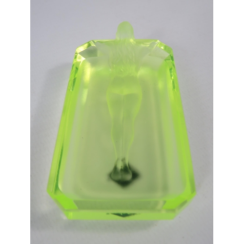166 - Desna Uranium glass small art deco style trinket dish nude lady bathing. 3.5