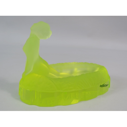 167 - Desna Uranium glass art deco style nude lady bathing dish 