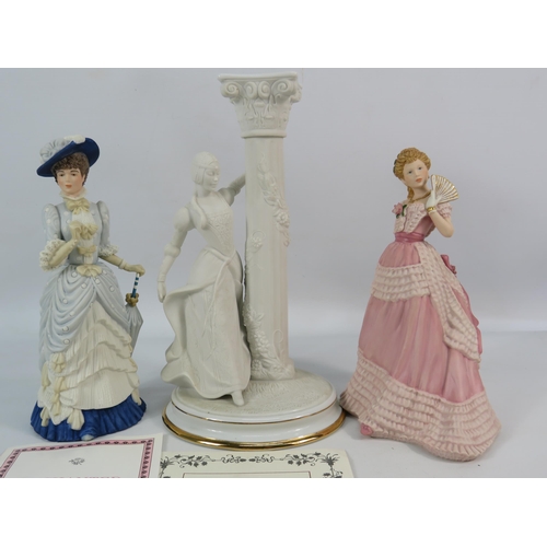 214 - Two Wedgwood Parian figurines and a Franklin mint Romeo and Juliet figural candlestick.