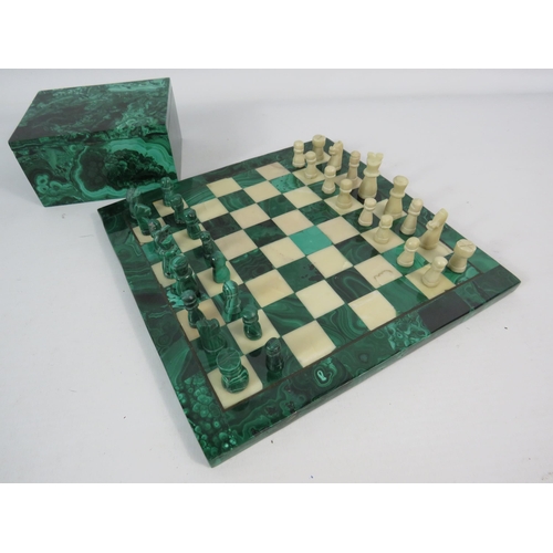 233 - Malachite and marble small chess set with a malachite storage box. The board measures 7.5