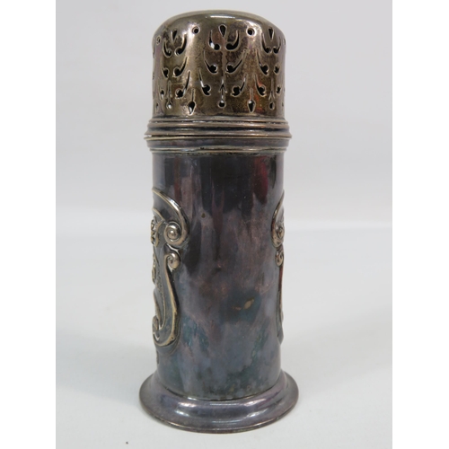 254 - London 1897 Sterling silver sugar sifter with embossed decoration and a blank cartouche, 4.5