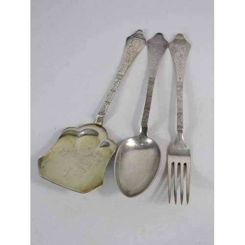 258 - Large Danish Sterling silver pie sever, spoon and fork by Christian F Heise, 155.3 grams. C1920s