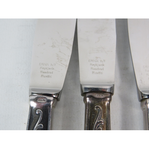 264 - Six Gudlaugur A Magnusson Icelandic 925 silver handled dinner knives, 511.2 grams.