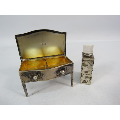 290 - Novelty Sterling silver table shaped pill box Birmingham 1939 52.6 grams plus a scent bottle with st... 