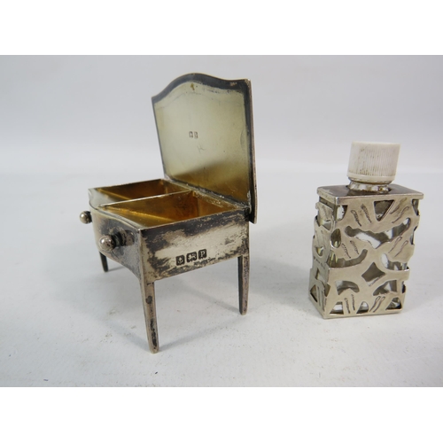 290 - Novelty Sterling silver table shaped pill box Birmingham 1939 52.6 grams plus a scent bottle with st... 