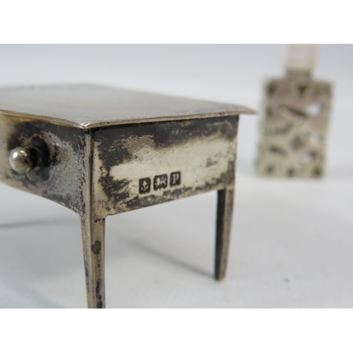 290 - Novelty Sterling silver table shaped pill box Birmingham 1939 52.6 grams plus a scent bottle with st... 