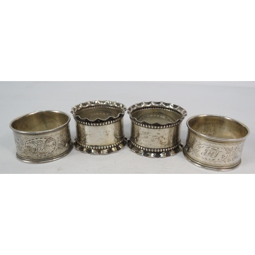 292 - Four Sterling silver napkin rings hallmarks for Birmingham and Chester, 70.4 grams.