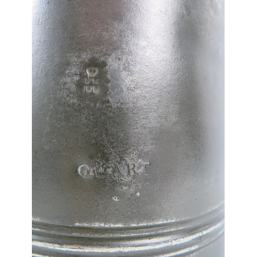 401 - 19th Century Tapering Quart English Pewter Tankard Banded with incised rings , stamped VR100 VR/WN. ... 