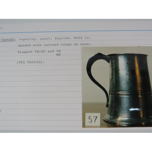 401 - 19th Century Tapering Quart English Pewter Tankard Banded with incised rings , stamped VR100 VR/WN. ... 