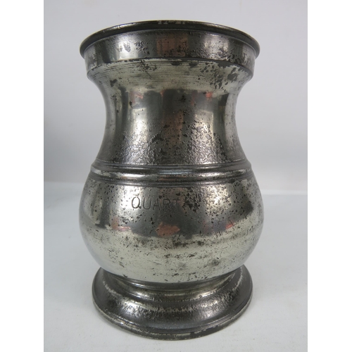 402 - Antique English Pewter Bellied quart measure c1824 -1830, 6 1/4