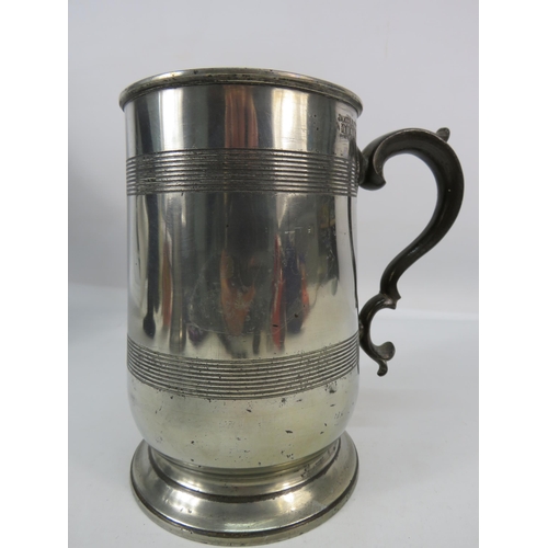 405 - Antique English pewter quart glass bottomed tankard U shaped with incised reeding by James Yates c18... 