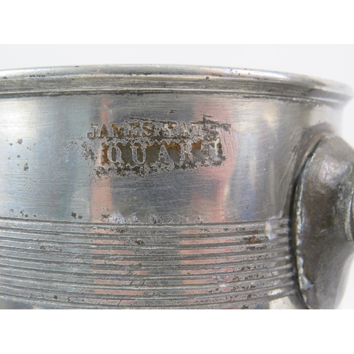 405 - Antique English pewter quart glass bottomed tankard U shaped with incised reeding by James Yates c18... 