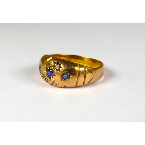 306 - Antique, 9ct Yellow gold Ring, set with Diamond and Sapphires. Finger size N-5   2.1g. Hallmarked fo... 