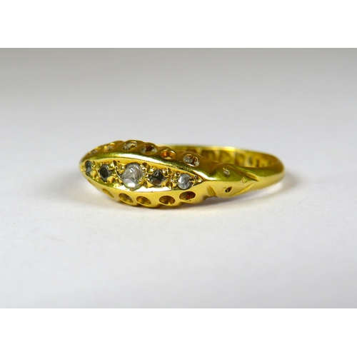 307 - Antique, 9ct Yellow Gold ring set with Five Old Cut Diamonds. Finger size 'P' 2.1g. Hallmarked for C... 