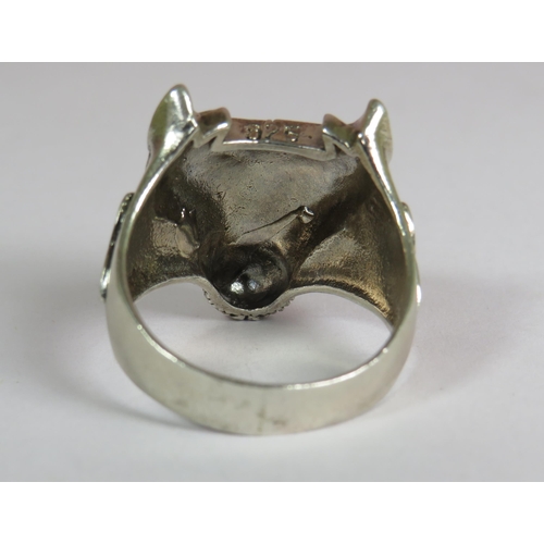 315 - 925 Sterling Silver Wolf's Head ring set with a Celtic or Nordic Design. Finger size 'Y-5'  9.1g