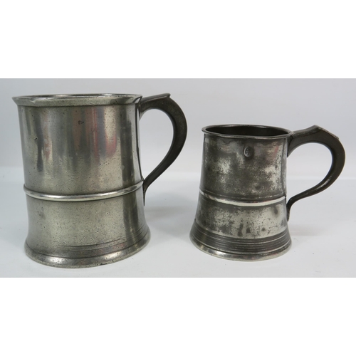 411 - Two antique english tankards banded with incised rings a pint and 1/2pt.  One by Jabbot and co.