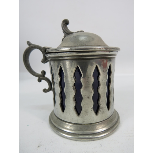 420 - Antique pewter mustand pot with blue ceramic interior.