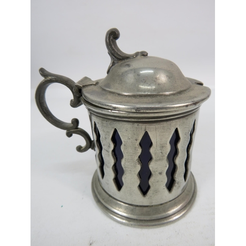 420 - Antique pewter mustand pot with blue ceramic interior.