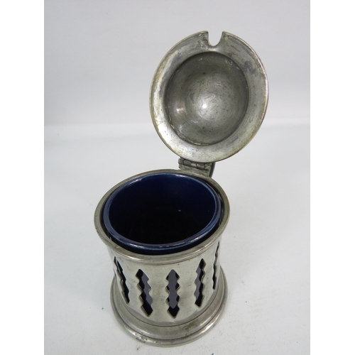 420 - Antique pewter mustand pot with blue ceramic interior.