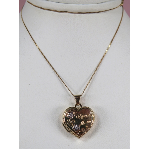 372 - 9ct Yellow Gold Locket with 'Mum' inscription hung on a 9ct Gold 16 inch Chain. Total weight 1.6g