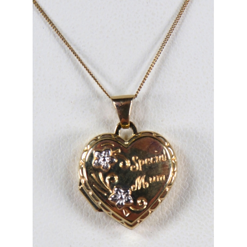 372 - 9ct Yellow Gold Locket with 'Mum' inscription hung on a 9ct Gold 16 inch Chain. Total weight 1.6g