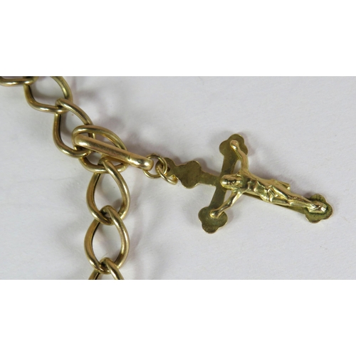 378 - 9ct Yellow Gold Charm Bracelet on a large link chain. Charms include St Christopher, Bicycle, Crucif... 