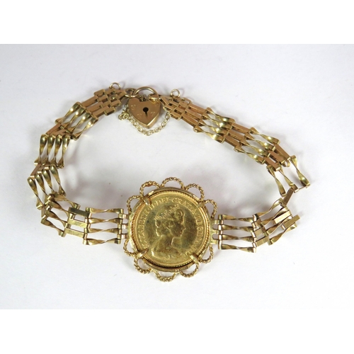 386 - 9ct Yellow Gold Gate Bracelet with Heart shaped Padlock & Chain set with a 1982 Half Sovereign. Brac... 