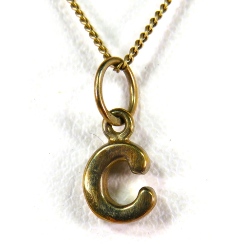 396 - 9ct Yellow Gold Letter 'C' Pendant hung on an 18 inch 9ct Gold Fine Link Chain.  2.2g