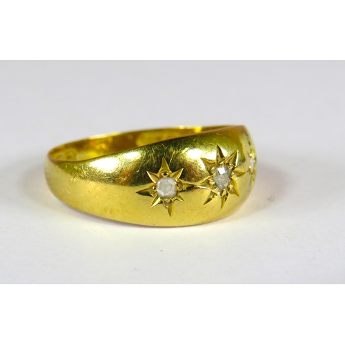 398 - 18ct Yellow Gold Edwardian Style Ring set with a Trio of Diamonds.  Finger size 'N'   2.8g