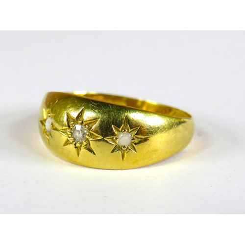 398 - 18ct Yellow Gold Edwardian Style Ring set with a Trio of Diamonds.  Finger size 'N'   2.8g