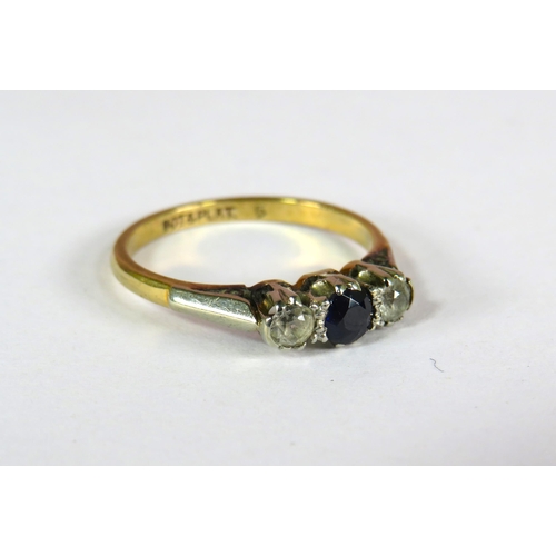 399 - 9ct Yellow Gold Ring set with a Central Sapphire flanked by two White Sapphires, all set on a Platin... 