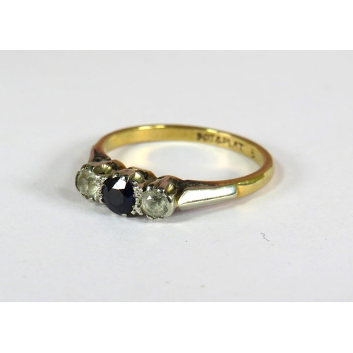 399 - 9ct Yellow Gold Ring set with a Central Sapphire flanked by two White Sapphires, all set on a Platin... 