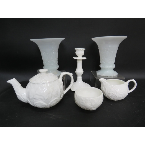 504 - Four pieces of Wedgwood Countryware and Two opaque milk glass vases.