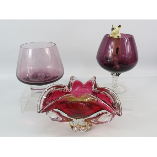 505 - Chribska art glass bowl, Caithness glass vase and a brandy balloon with cat and mouse figurine.