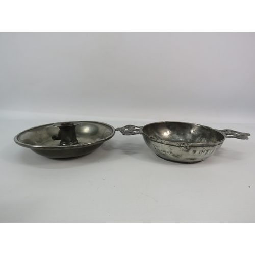 514 - James Dixon Pewter candle stick and a continental porringer.