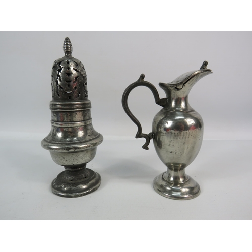 515 - Mid 18th Century pewter sugar sifter & a small continental Holy oil jug.