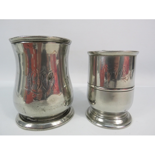 516 - Victorian pewter tulip shaped pint tankard plus a u shaped 1/2 pint tankard.