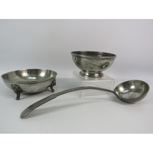 521 - Victorian pewter ladel plus Two Bowls one with lion feet.