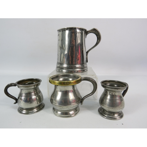 522 - Antique Pewter half pint tankard by Bush & Walter, Bellied brass rim 1/2 gill plus Two 1/4 gills.