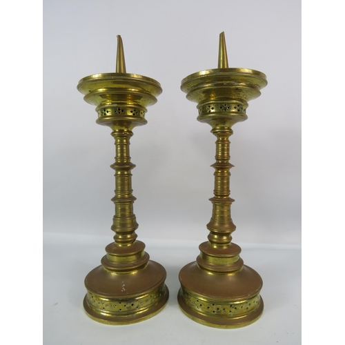 534 - Pair of Gothic style brass pricket candlesticks, 12.5