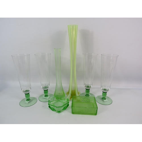 535 - Two Uranium tall thin vases, 2 small dishes and 4 drinking glasses with uranium bases.