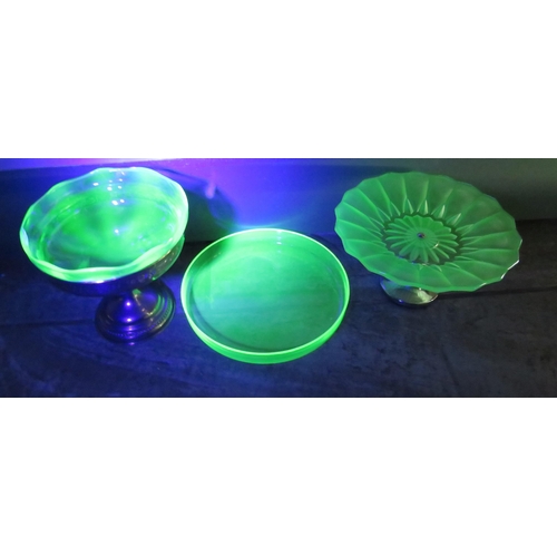 541 - Art deco uranium glass cake stand, centre piece bowl and rimmed plate.