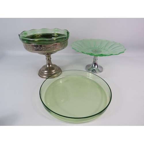 541 - Art deco uranium glass cake stand, centre piece bowl and rimmed plate.