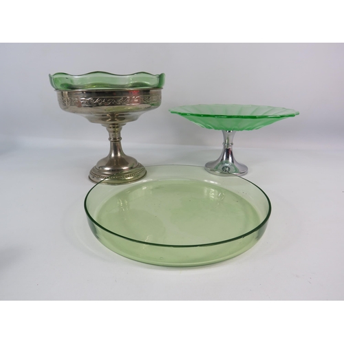 541 - Art deco uranium glass cake stand, centre piece bowl and rimmed plate.