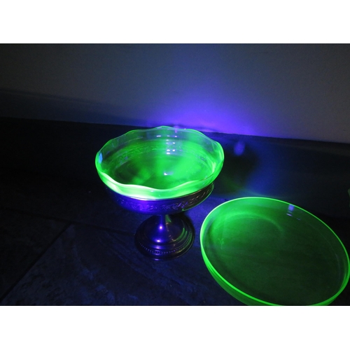 541 - Art deco uranium glass cake stand, centre piece bowl and rimmed plate.