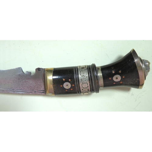 453 - Indian Made Kukri Knife with Leather Scabbard with metal tip complete with matching skinning knives.... 